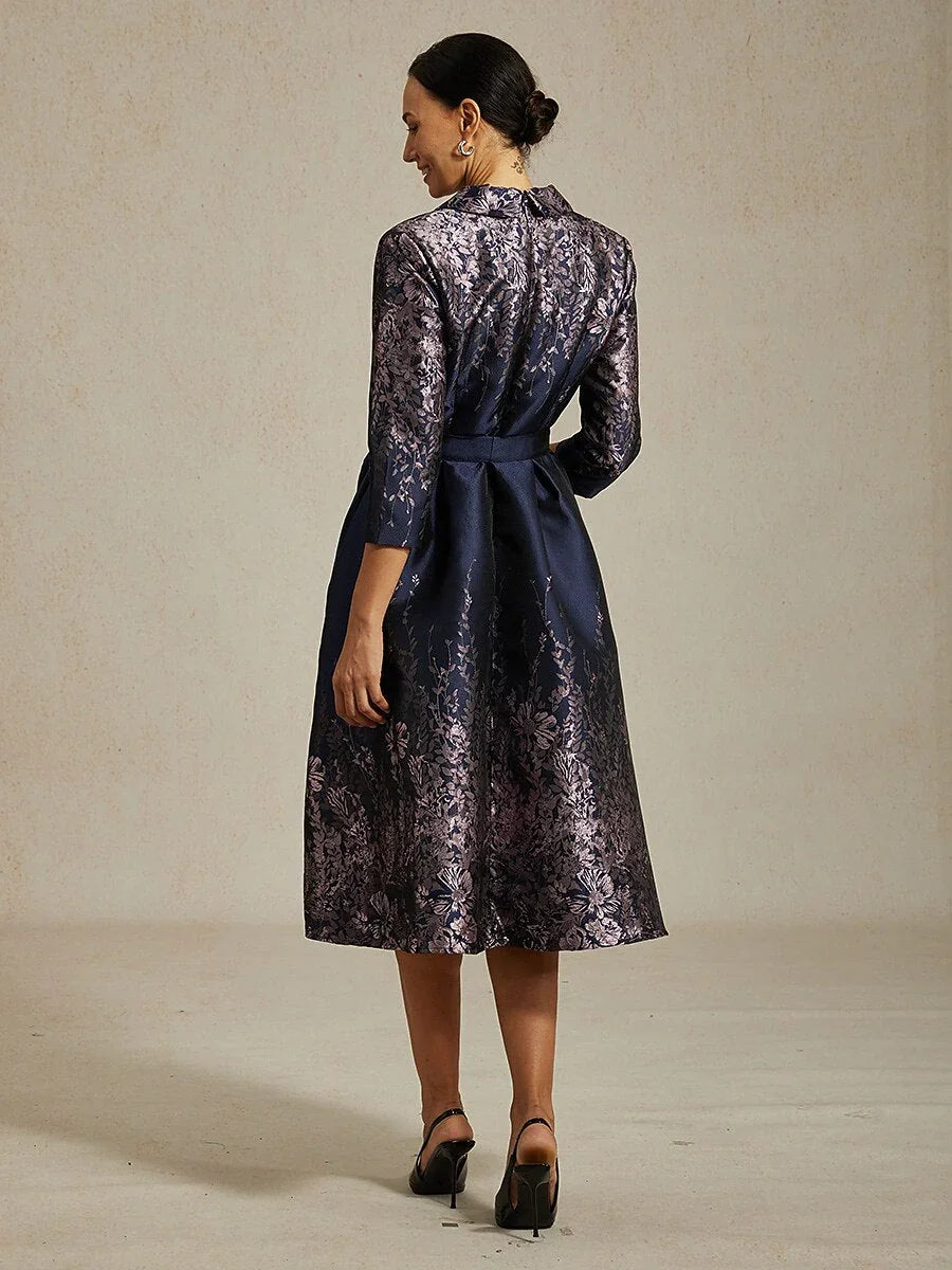 Floral Jacquard Shirt Dress with Belt and Side Pockets
