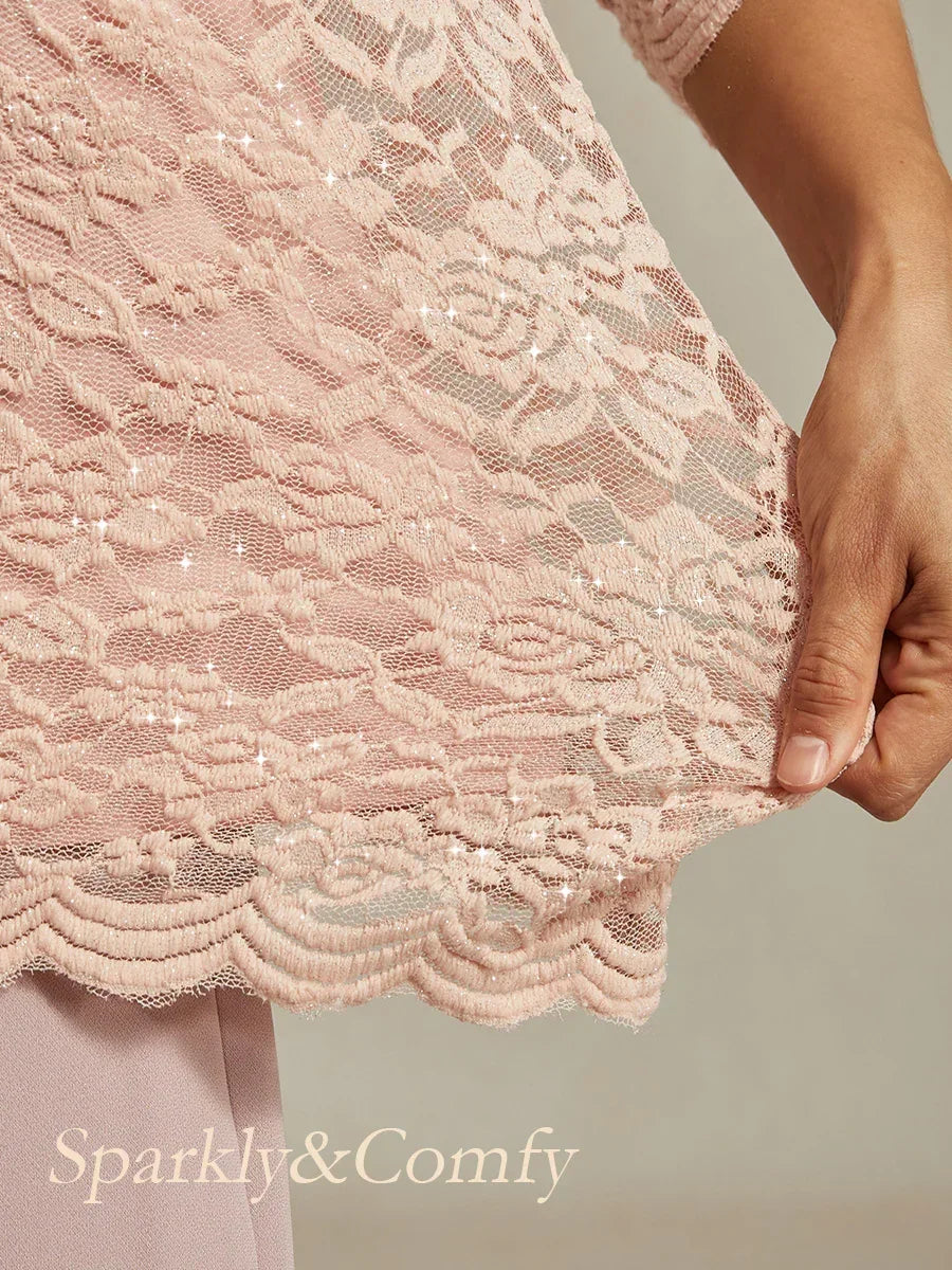 Feminine V-Neck Stretch Lace Top with Scalloped Hem