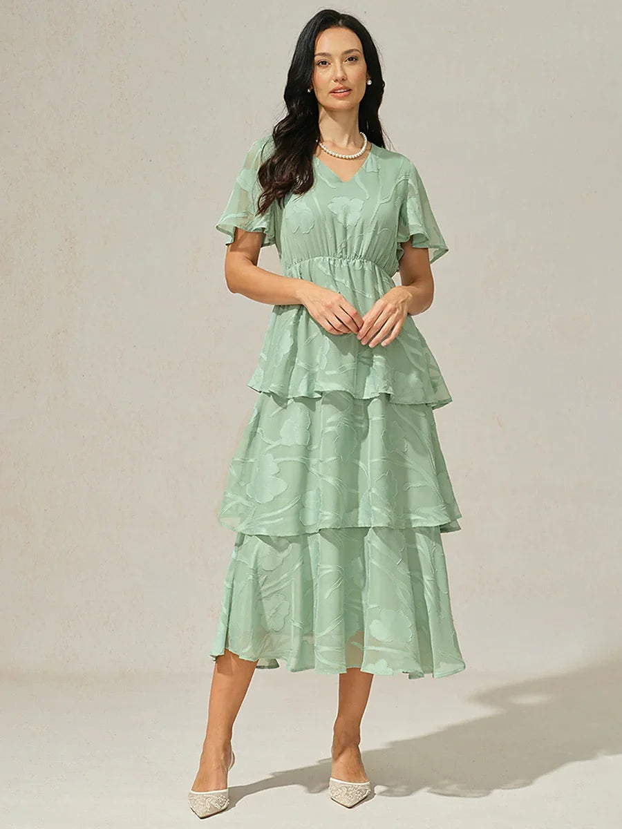 Lace V Neck Ruffle Layered Flutter Dress