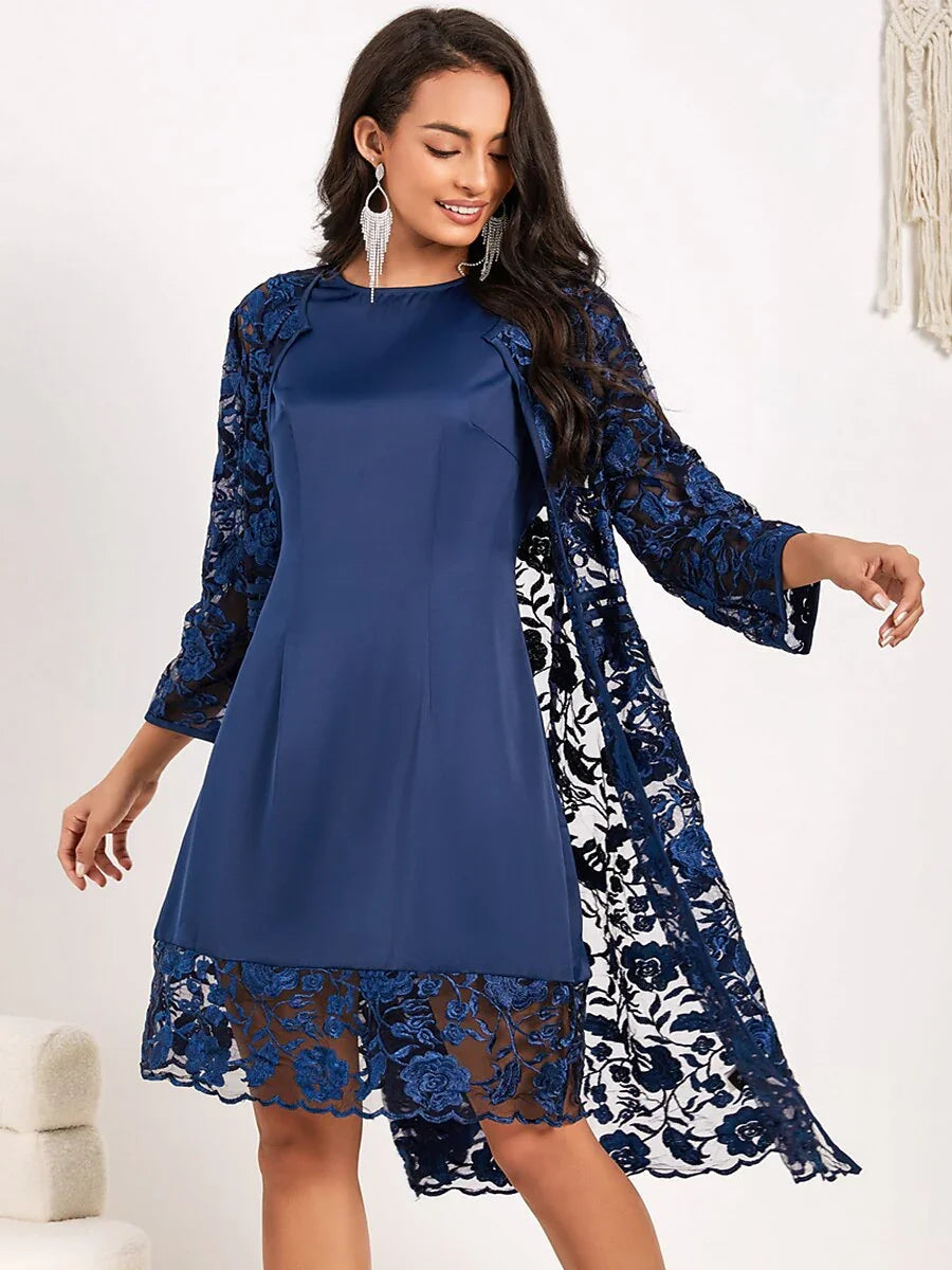 Blue Lace Satin Dress Set