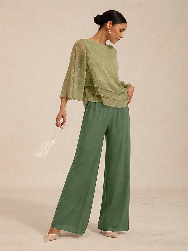 Chiffon Asymmetrical Layered Blouse And Pant Suits