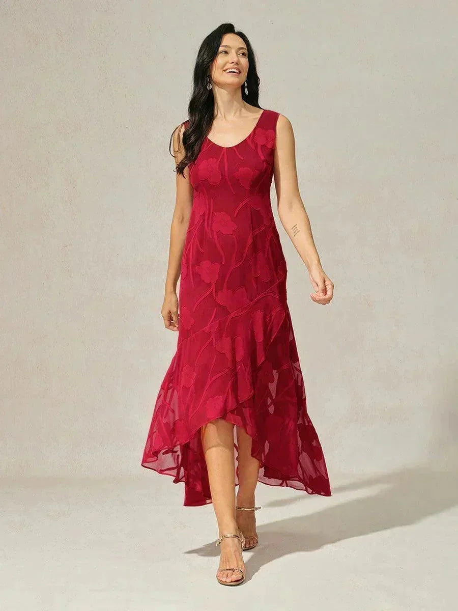 Floral Chiffon Evening Gown High Low Navy Blue Wedding Guest Party Asymmetrical Hem Maxi Dress Lose Ruffle Sleeveless, Red / XXL Floral Chiffon Evening Gown High Low Navy Blue Wedding Guest Party Asymmetrical Hem Maxi Dress Lose Ruffle Sleeveless, Red / XXL
