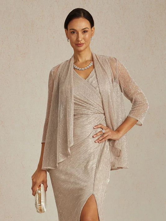 Metallic Pleated Chiffon Long Jacket with Layered Design