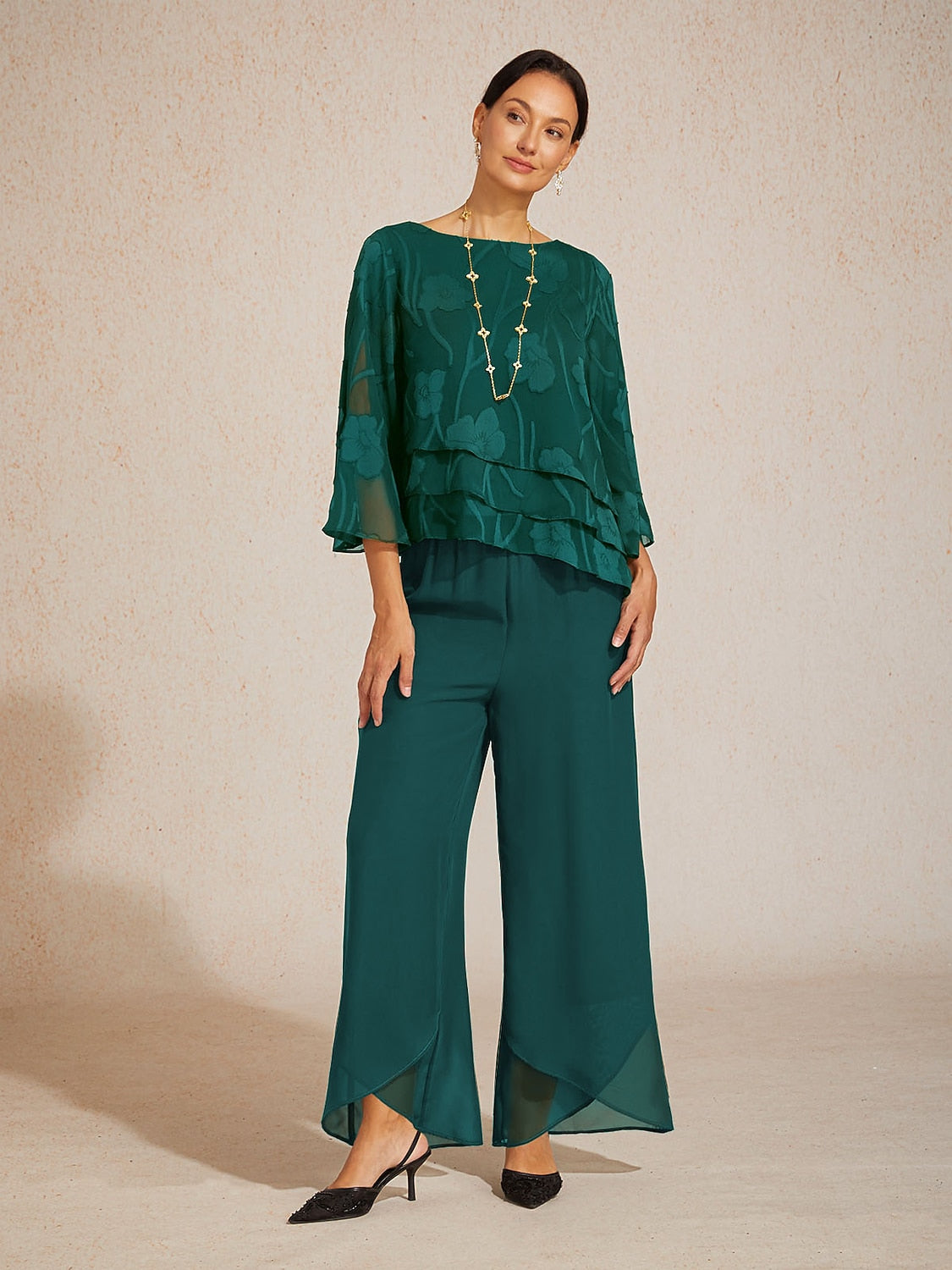 Straight Leg Mid Waist Layered Chiffon Pants