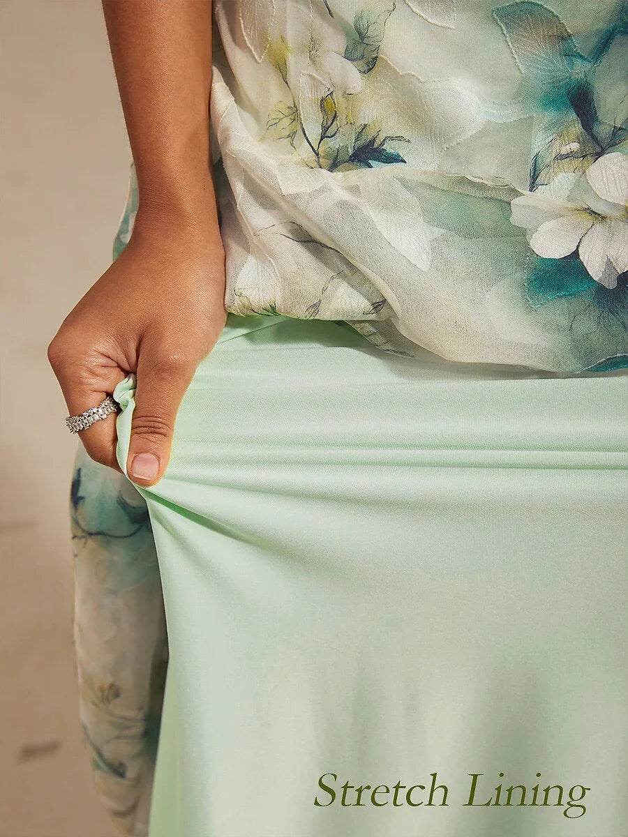 Floral Cowl Neck Tea-Length Dress with Flounce Hem