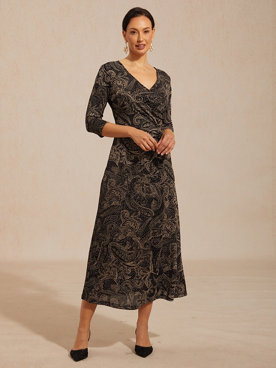 Paisley V-Neck A-Line Knit Dress with Waist Twist Design