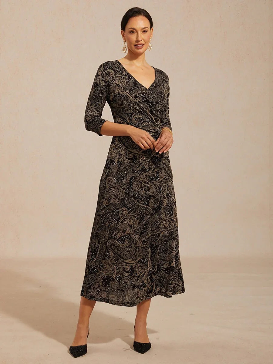 Paisley V-Neck A-Line Knit Dress with Waist Twist Design