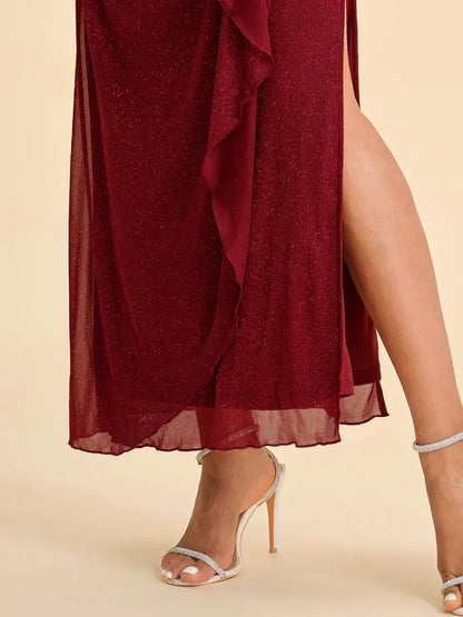 Ankle-Length Cold Shoulder Glitter Mesh Dress