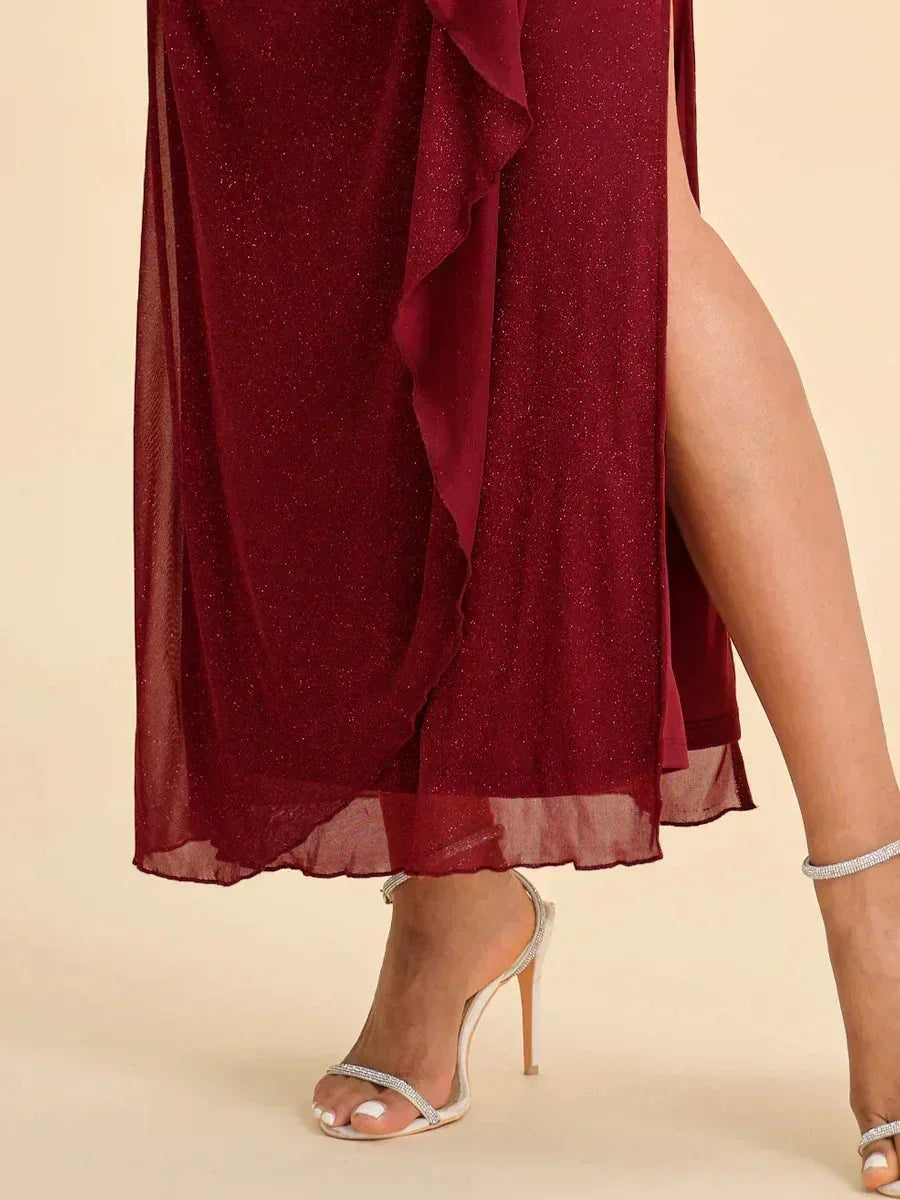 Ankle-Length Cold Shoulder Glitter Mesh Dress