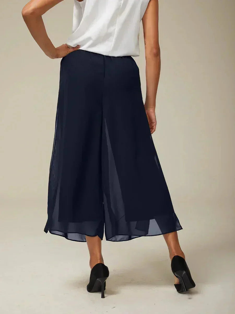 Cropped Length Straight Leg Pant With Chiffon Split Leg Overlay