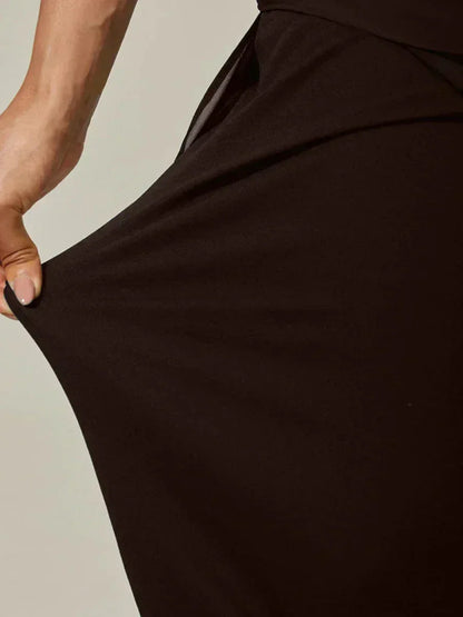 Cropped Length Straight Leg Pant With Chiffon Split Leg Overlay