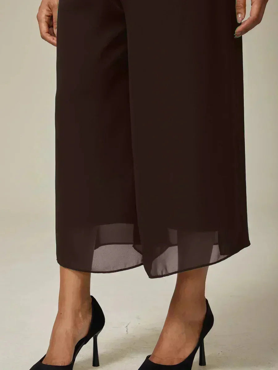 Cropped Length Straight Leg Pant With Chiffon Split Leg Overlay