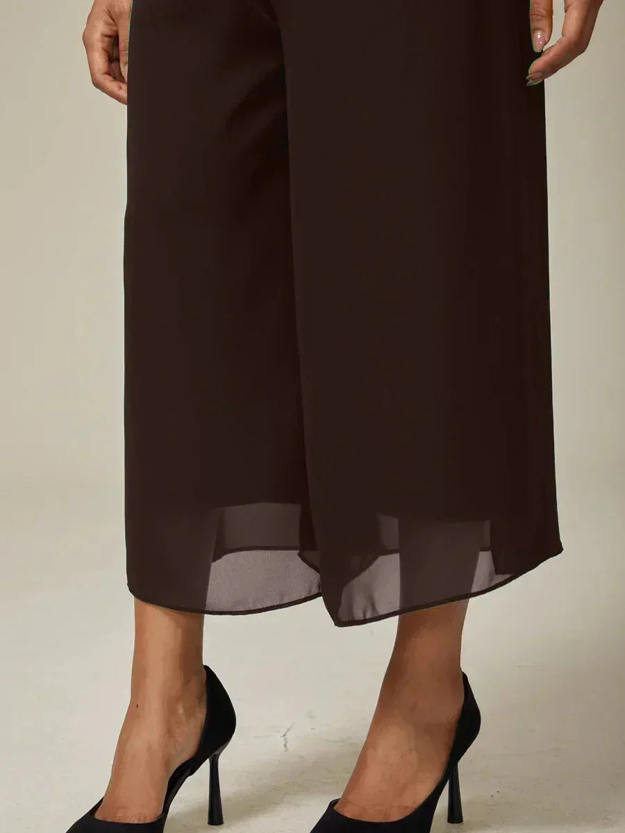 Cropped Length Straight Leg Pant With Chiffon Split Leg Overlay