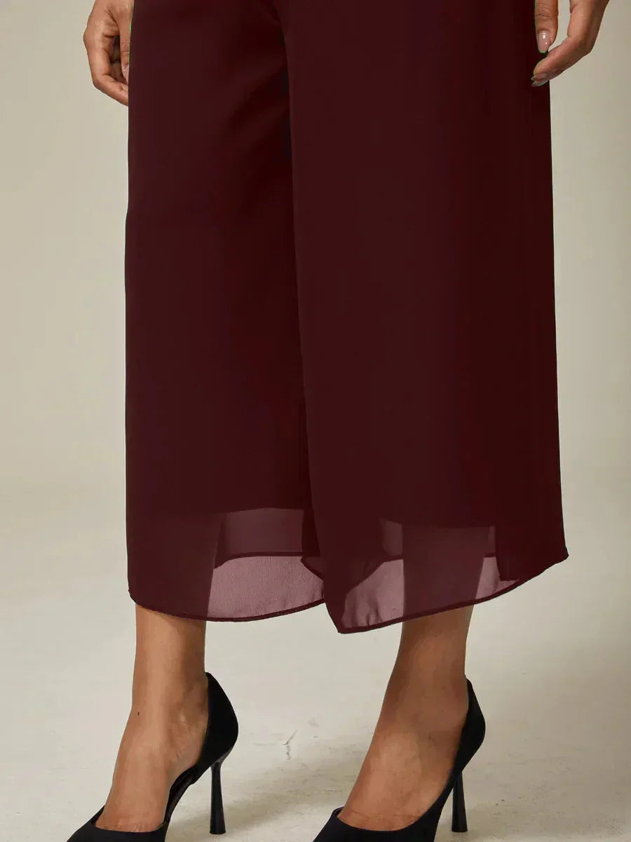 Cropped Length Straight Leg Pant With Chiffon Split Leg Overlay