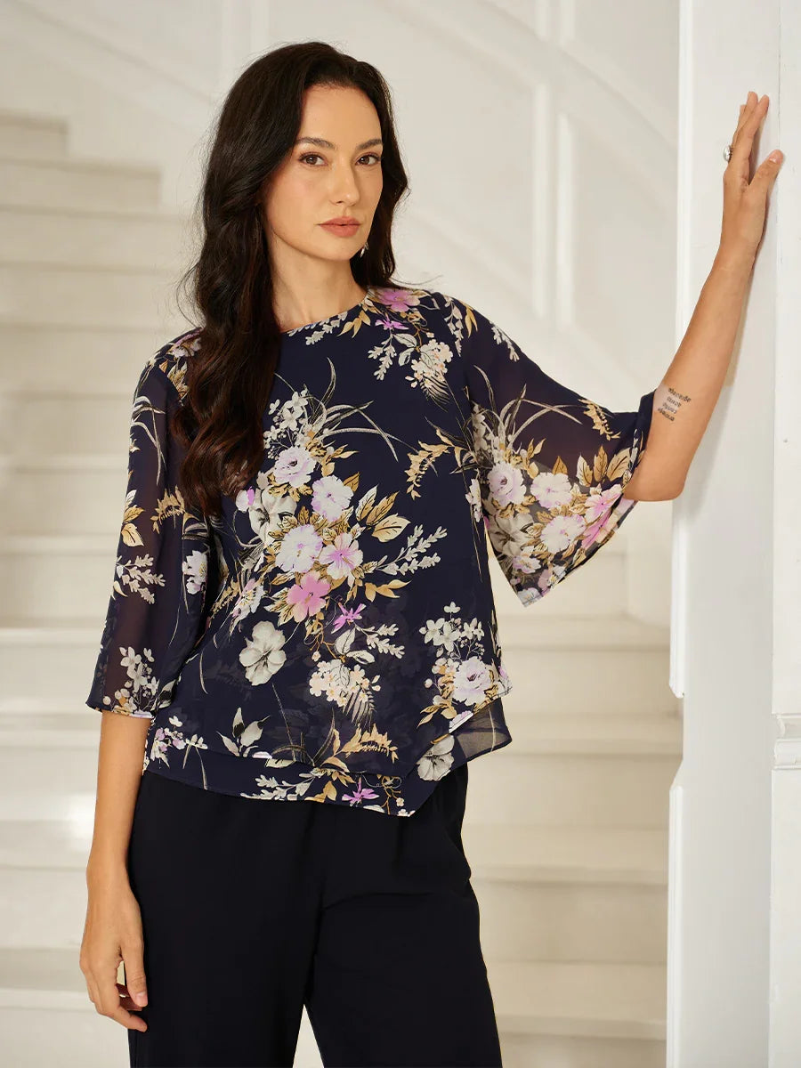 Floral Chiffon Top with Layered Hem