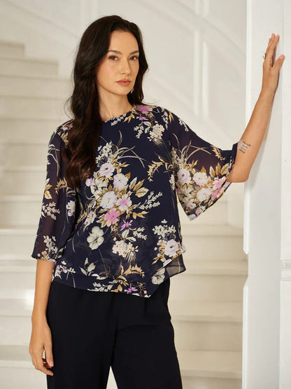 Floral Chiffon Top with Layered Hem