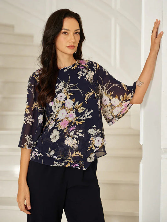 Floral Chiffon Top with Layered Hem