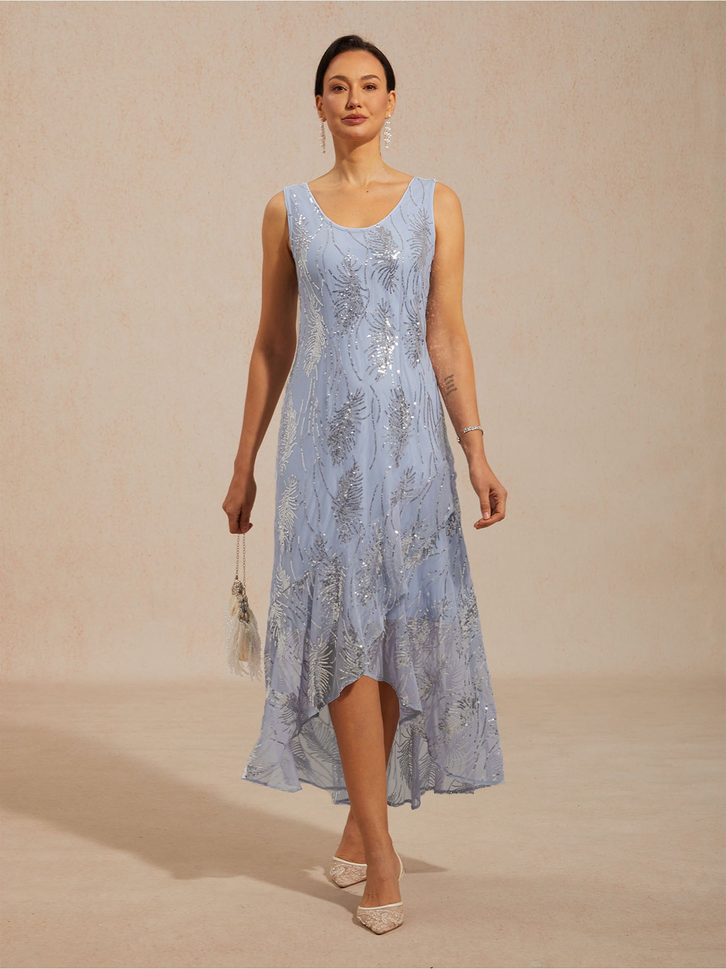 Sleeveless A-Line Maxi Dress with Mesh Sequin