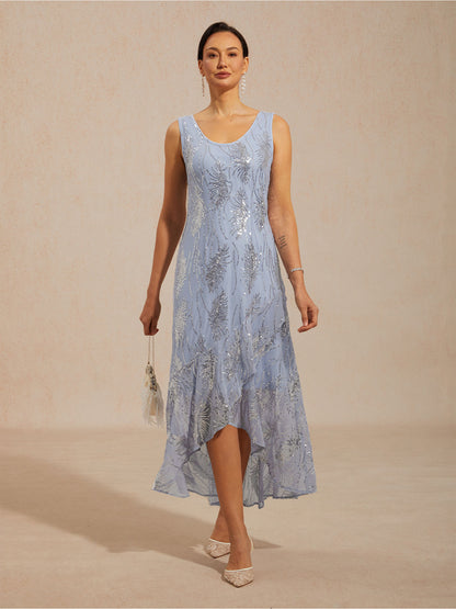 Sleeveless A-Line Maxi Dress with Mesh Sequin