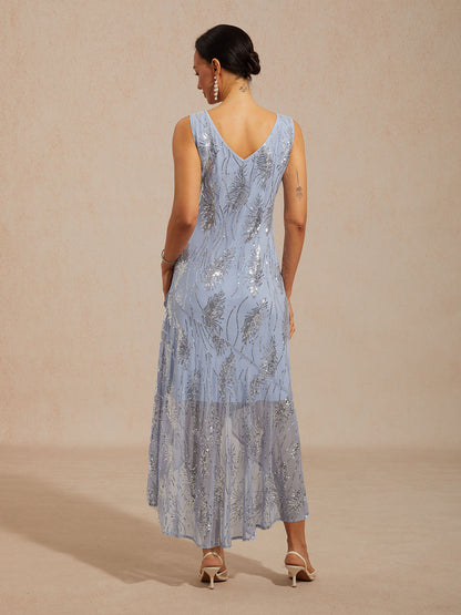 Sleeveless A-Line Maxi Dress with Mesh Sequin