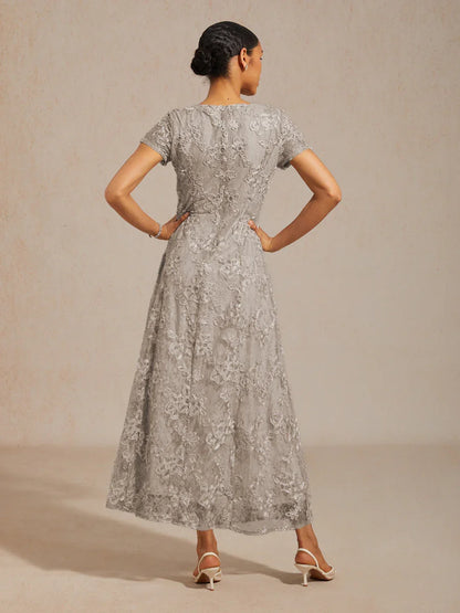 Rosette Lace A-Line Gown with Sequin Embellishment