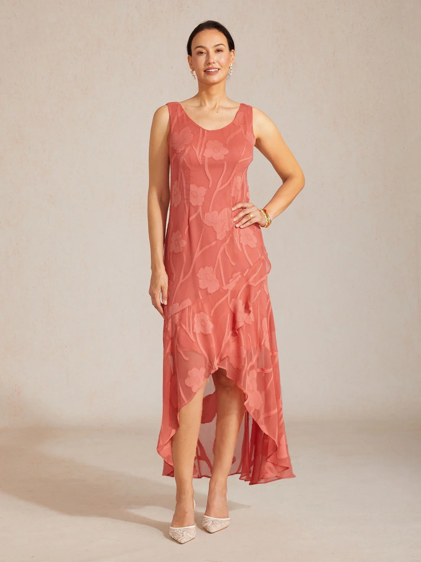 sheer ruffle shoulder asymmetric hem maxi dress Floral Chiffon Evening Gown ??¨¬C Sleeveless A-Line Dress with Asymmetrical  Hem for Weddings Formal Events – msglamor