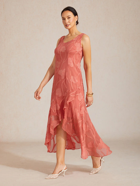 Robe de Soirée Sans Manches en Chiffon à Motif Floral avec Ourlet Asymétrique