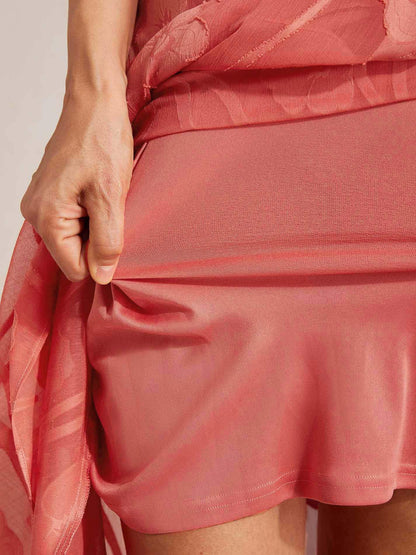 Ärmelloses Abendkleid aus Chiffon mit Blumenmuster und asymmetrischem Saum
