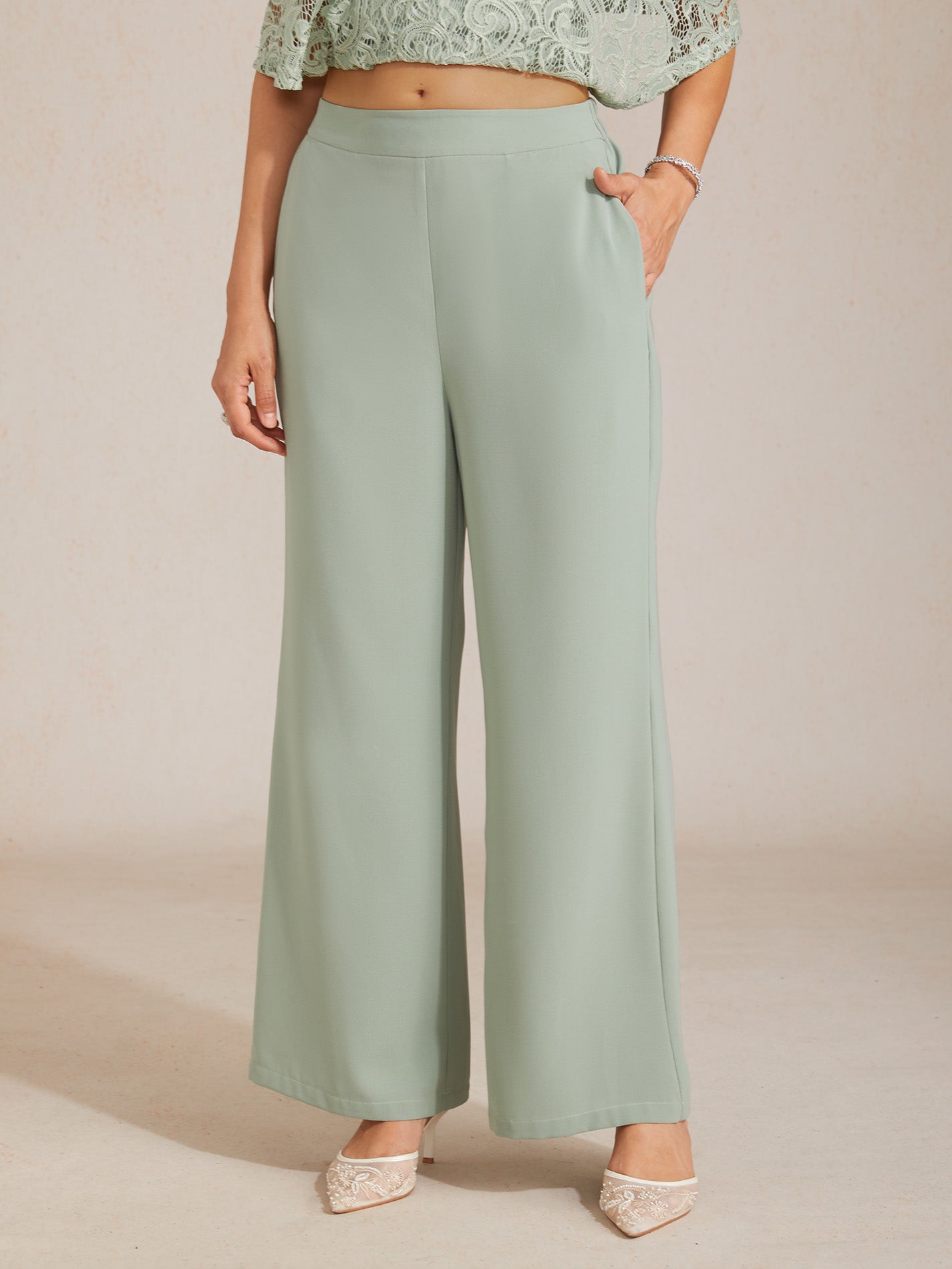 Mid-Rise Broek met Elastische Taille, Wijde Pijpen en Zakken