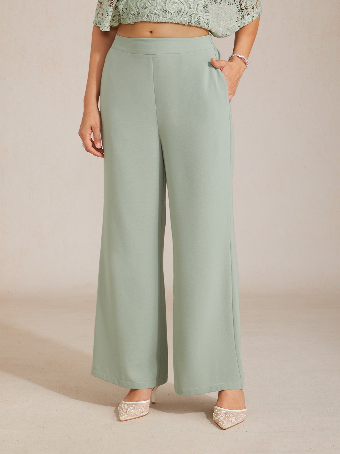Mid-Rise Elastic Waist Wide-Leg Pants with Pockets
