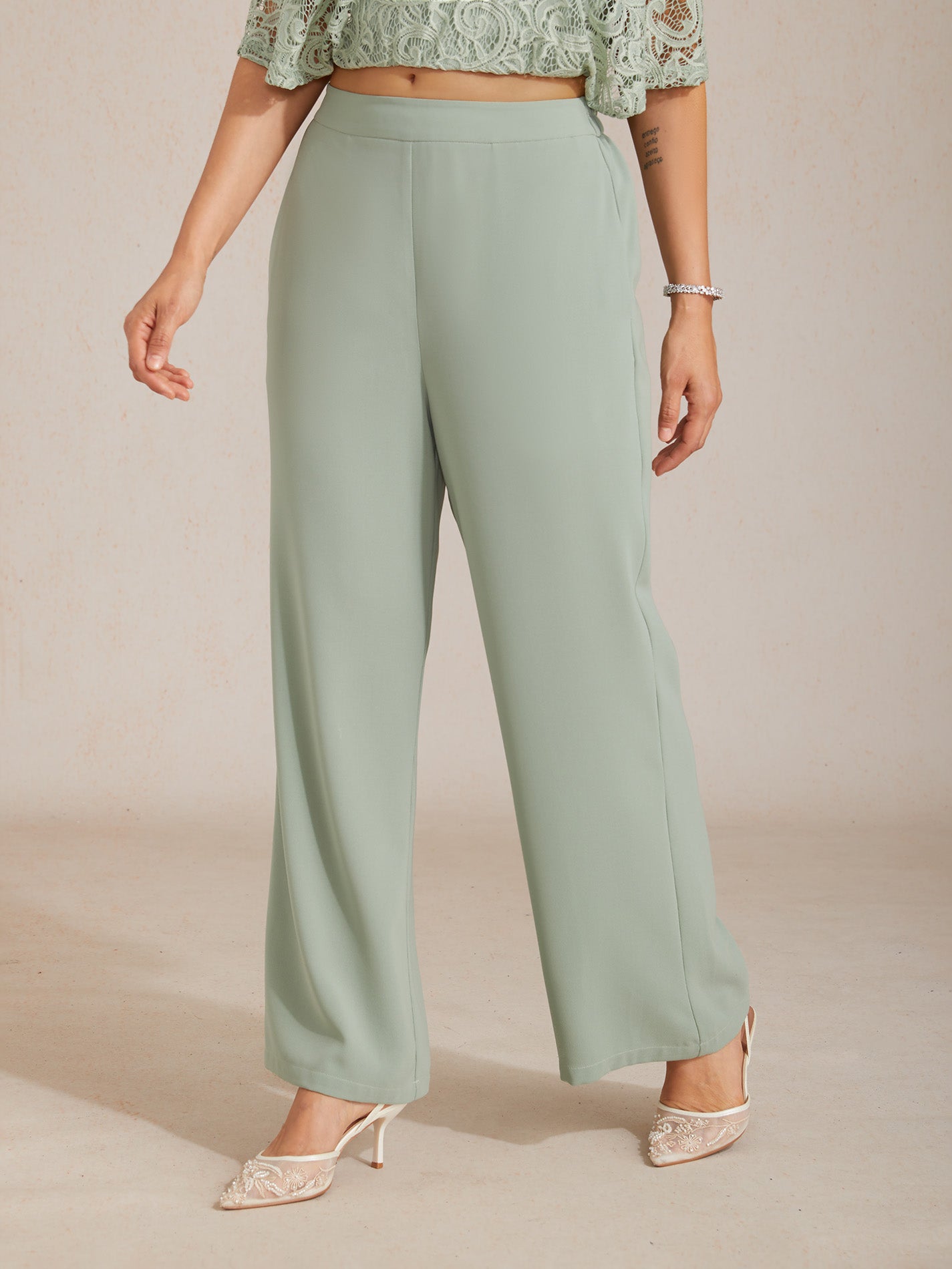 Mid-Rise Elastic Waist Wide-Leg Pants with Pockets