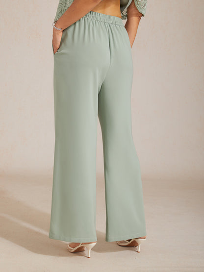 Mid-Rise Elastic Waist Wide-Leg Pants with Pockets