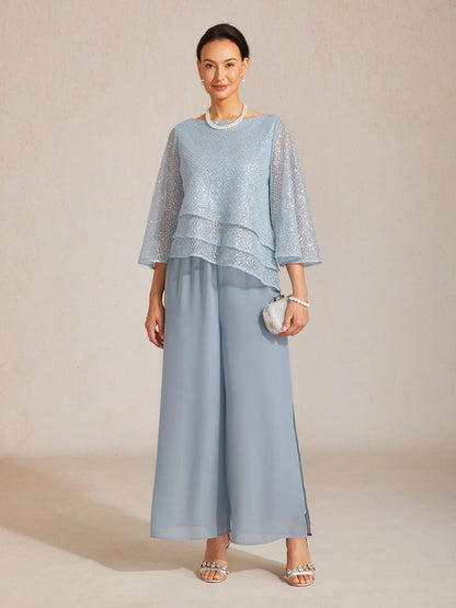 Pantaloni a gamba dritta con sovrapposizione in chiffon e spacco laterale