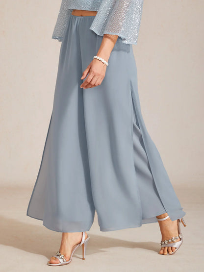 Pantaloni a gamba dritta con sovrapposizione in chiffon e spacco laterale