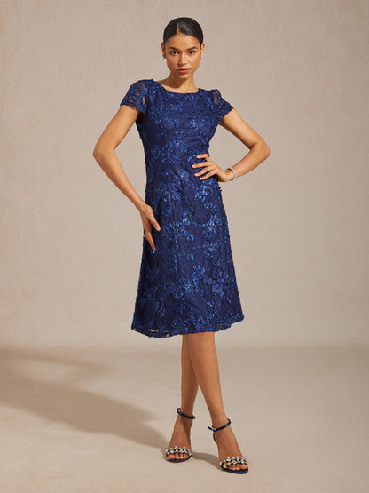 Rosette Lace Boat Neck A Line Dress