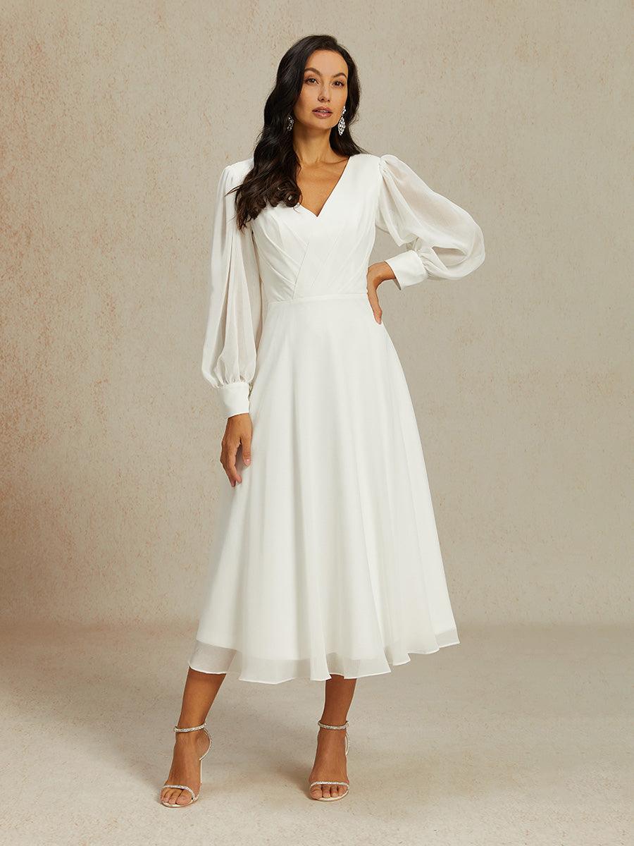 Chiffon V-Neck Puff Sleeve Bridal Gown