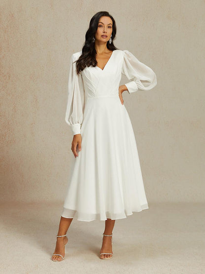 Chiffon V-Neck Puff Sleeve Bridal Gown
