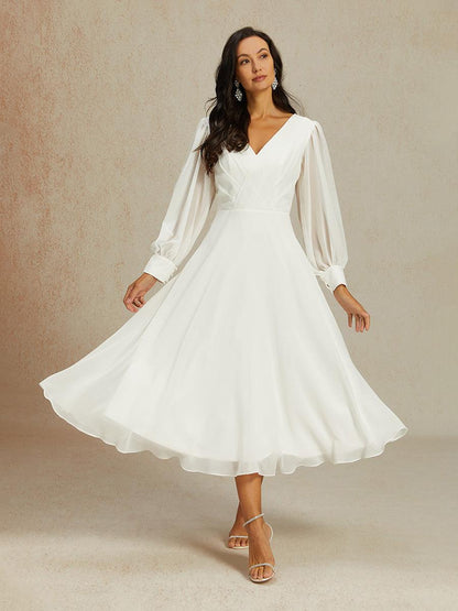 Chiffon V-Neck Puff Sleeve Bridal Gown