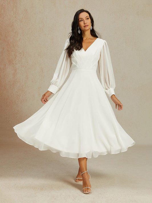 Chiffon V-Neck Puff Sleeve Bridal Gown