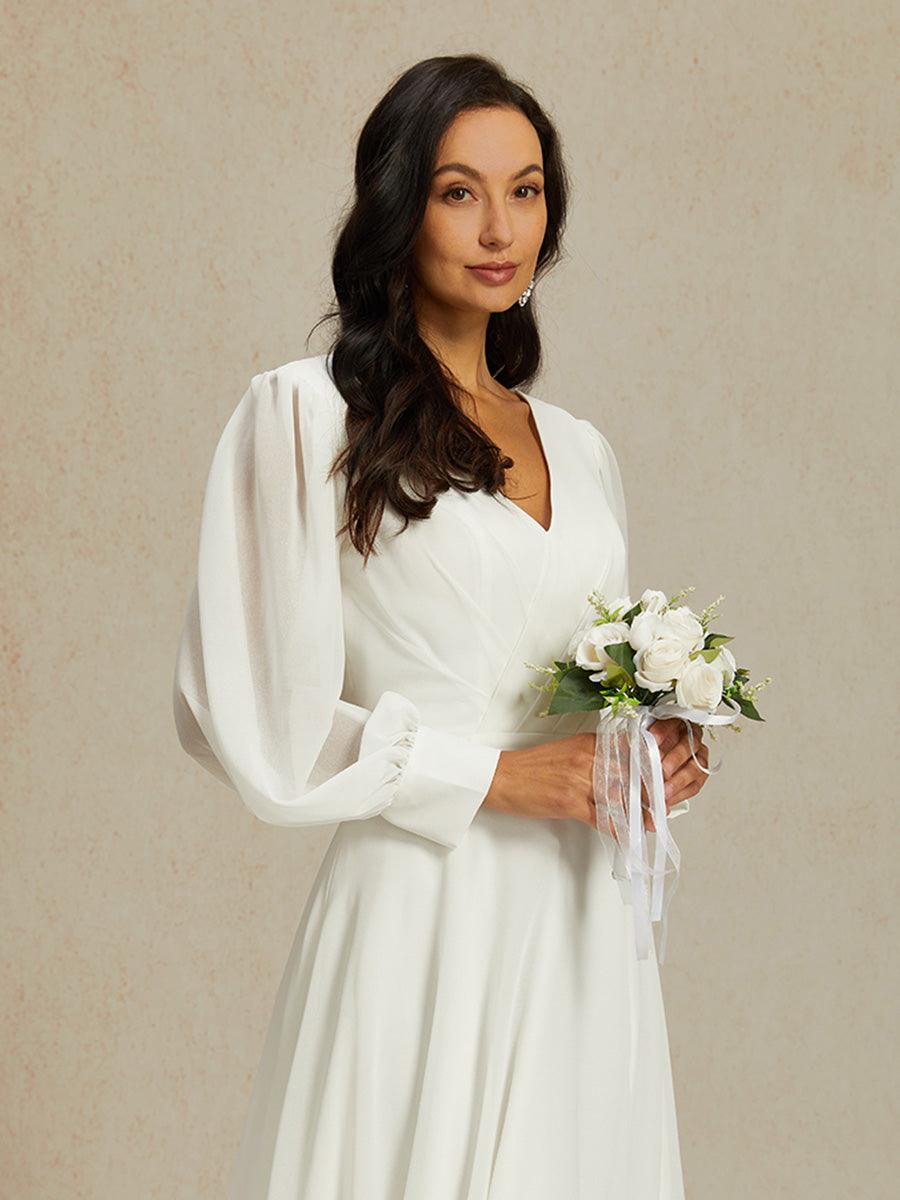 Chiffon V-Neck Puff Sleeve Bridal Gown