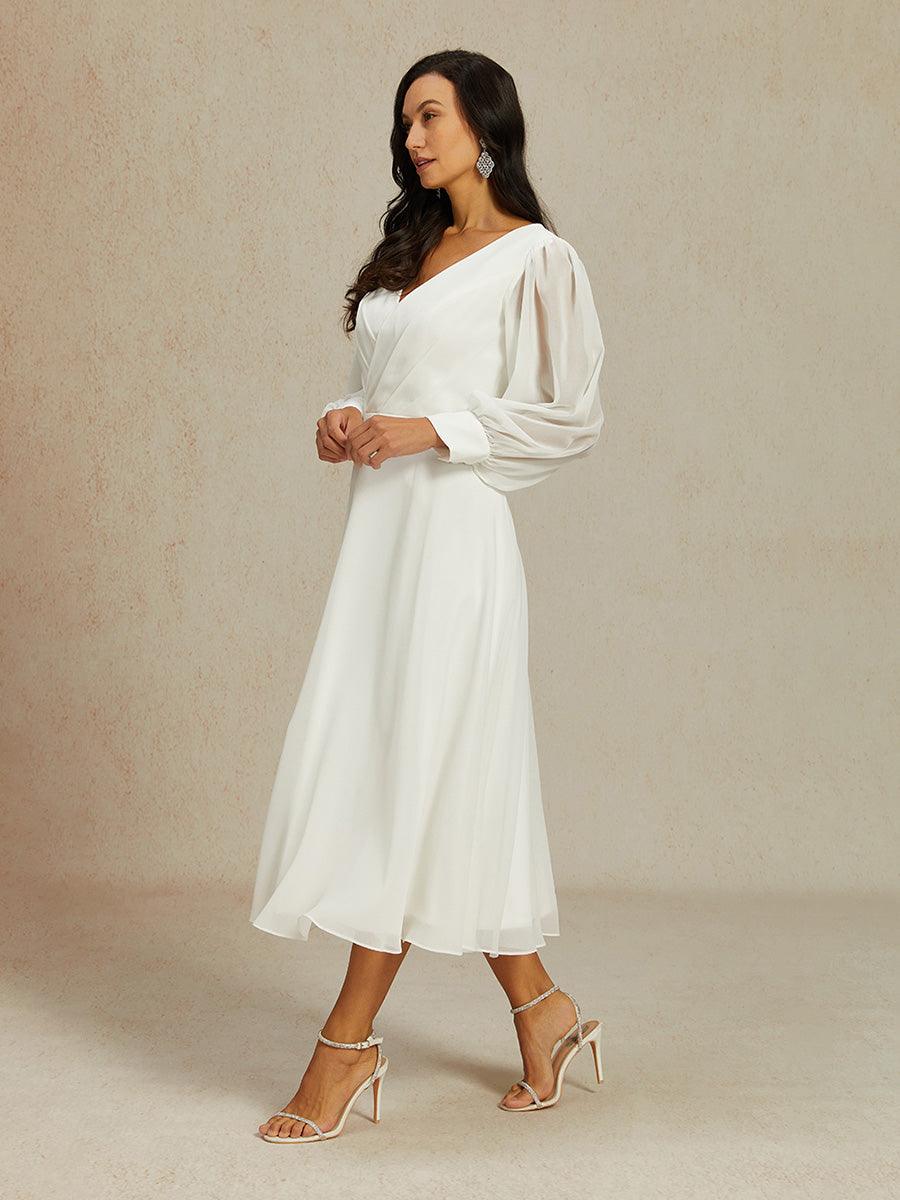 Chiffon V-Neck Puff Sleeve Bridal Gown