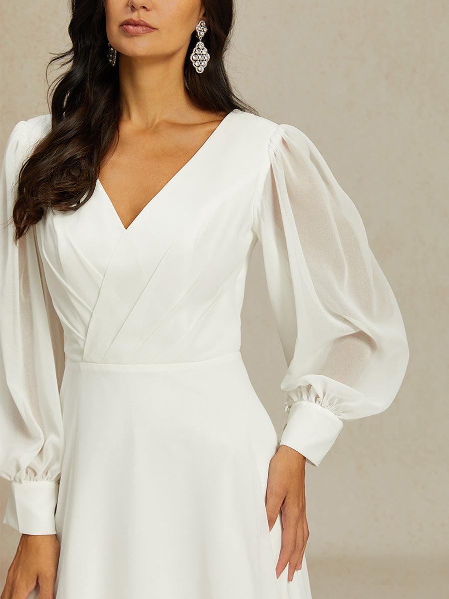 Chiffon V-Neck Puff Sleeve Bridal Gown