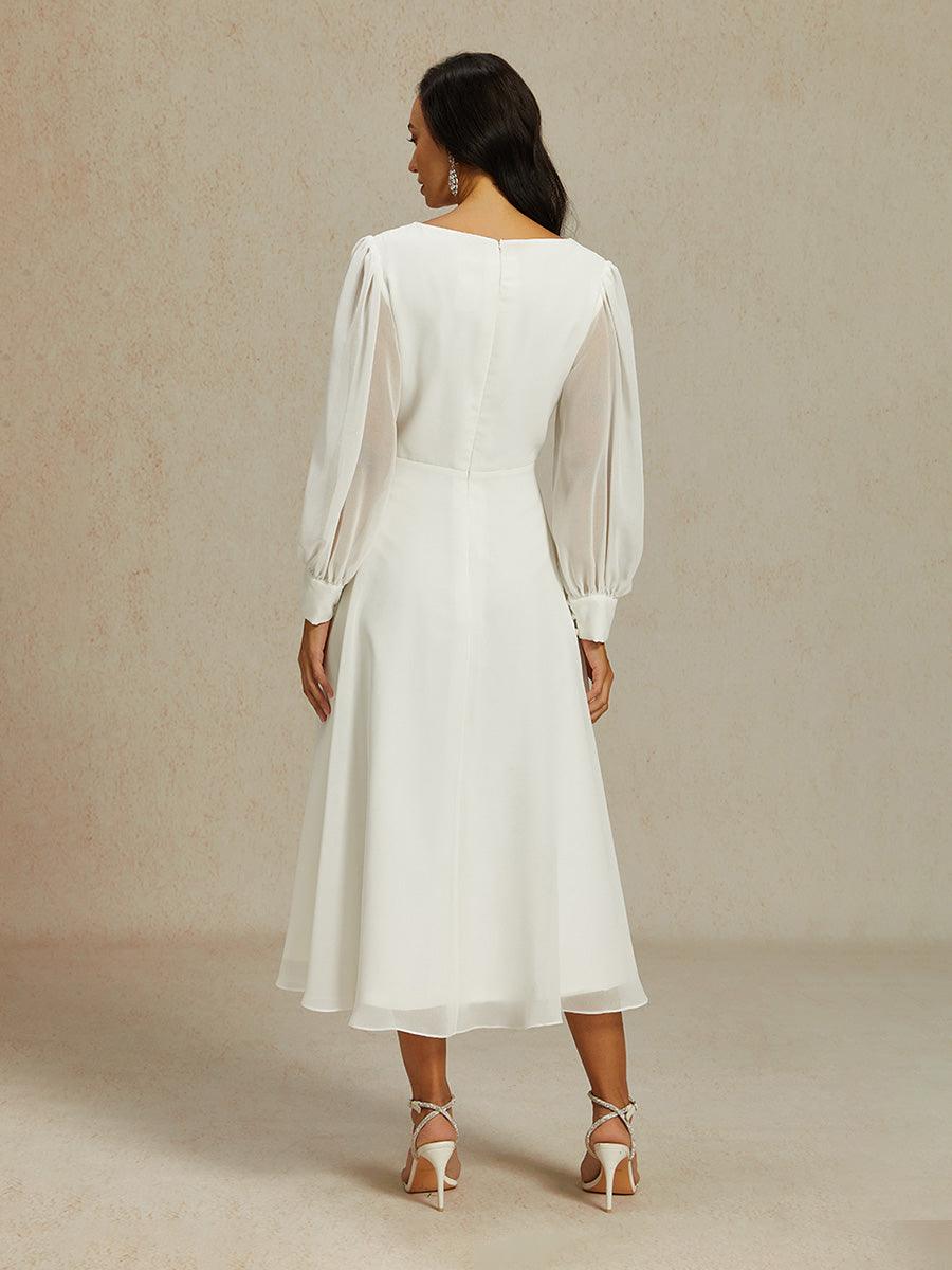 Chiffon V-Neck Puff Sleeve Bridal Gown
