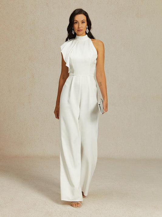 Sleeveless Halter Ruffle Wide Leg Jumpsuit