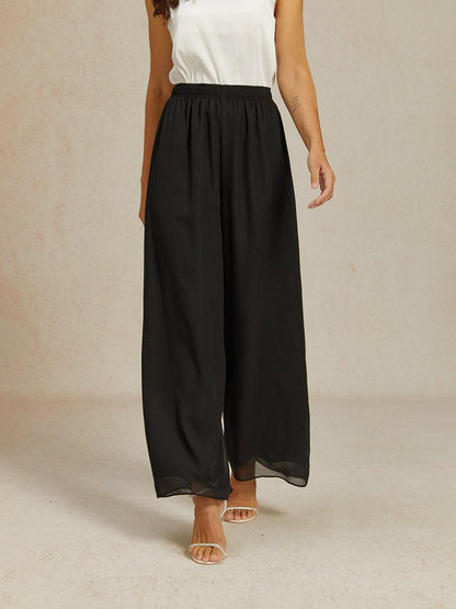 Mid-Rise Elastic Waist Wide-Leg Chiffon Pants
