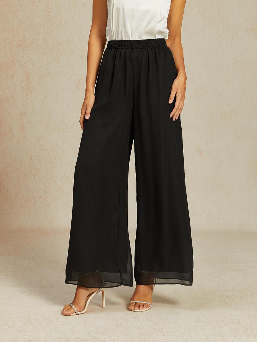 Mid-Rise Elastic Waist Wide-Leg Chiffon Pants