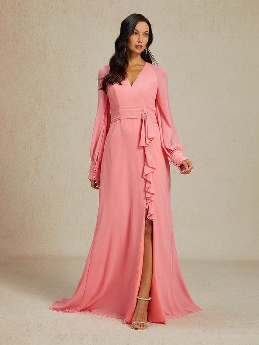 Elegant Dianthus Pink Evening Gown with Ruffle Slit
