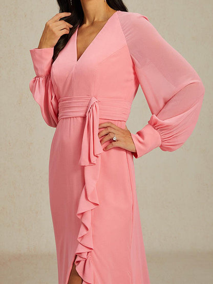 Elegant Dianthus Pink Evening Gown with Ruffle Slit