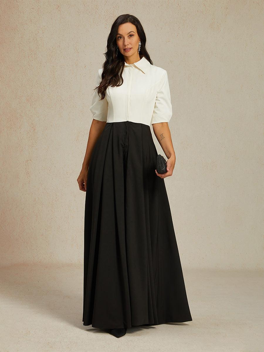 Black & White Maxi Dress with Shirt Collar