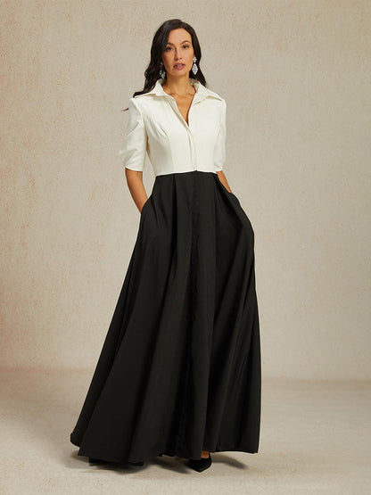 Black & White Maxi Dress with Shirt Collar